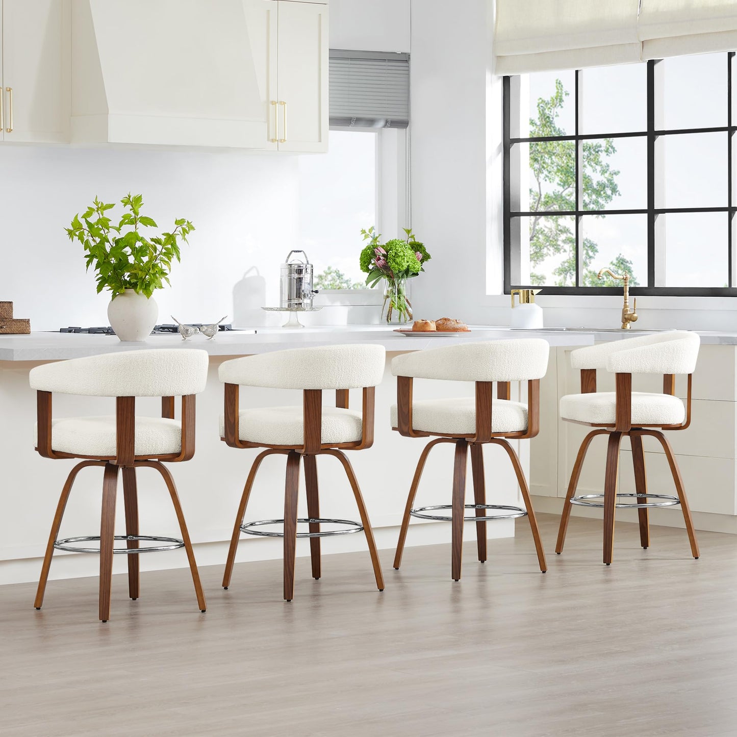 CHITA Swivel Counter Height Barstools Set of 2, FSC Certified Polyester Upholstered Bar Stools with Back and Armrest for Kitchen Island Home Bar, 27" Seat Height, Cream with Walnut Frame