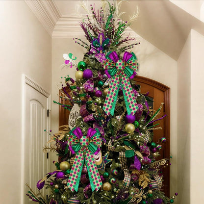 2 Pcs Mardi Gras Bows for Wreaths Decorations,12”x20” Large Glitter Tree Topper Bow Decor for Holiday Party Wall Home Front Door Float Golf Cart Gold Green Purple