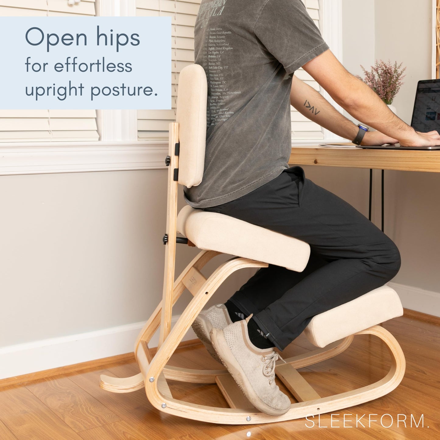 Sleekform East Austin Ergonomic Kneeling Chair with Back Support - Winter Linen and Wood Ergo Stool for Desk - Best Ergonomic Kneeling Office Chair for Posture and Leg Circulation