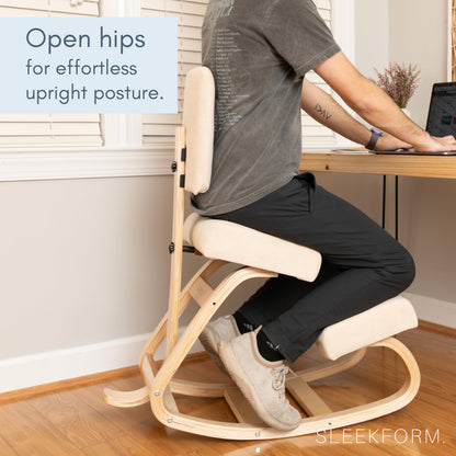Sleekform East Austin Ergonomic Kneeling Chair with Back Support - Winter Linen and Wood Ergo Stool for Desk - Best Ergonomic Kneeling Office Chair for Posture and Leg Circulation