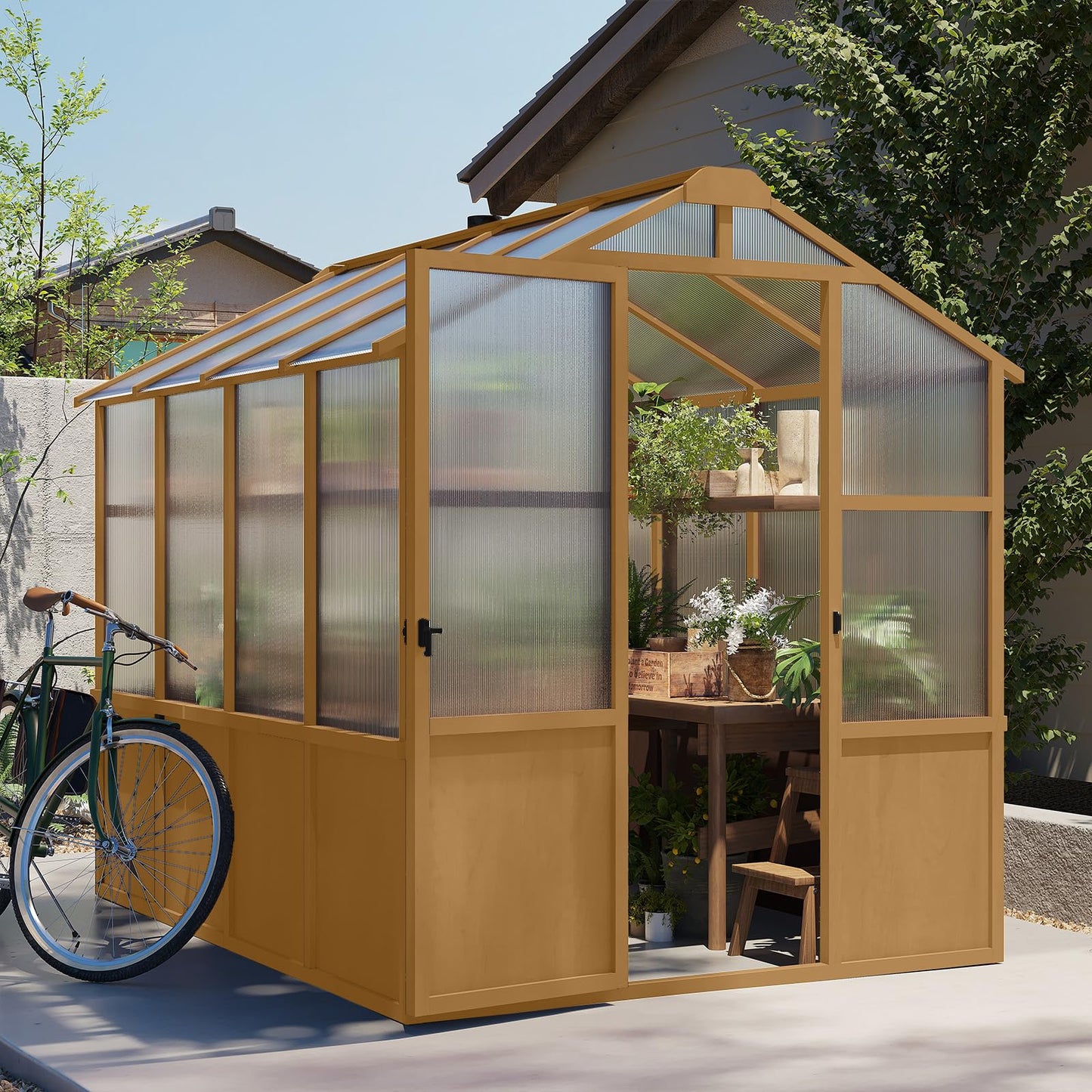 6x8 FT Outdoor Wood Greenhouse, Heavy Duty Solid Pine Wooden Walk-in Green House with 6MM Thick Polycarbonate Panels, Adjustable Roof Vent and Lockable Door, Garden House for Backyard Patio Lawn