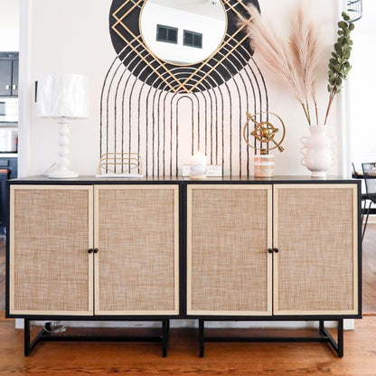 Nathan James Kova Rattan Wood Accent Sideboard Storage Cabinet TV Stand with Matte Metal Frame, Adjustable Shelves and Cane Doors, for Hallway, Entryway or Living Room, Black Oak/Cane, Set of 2