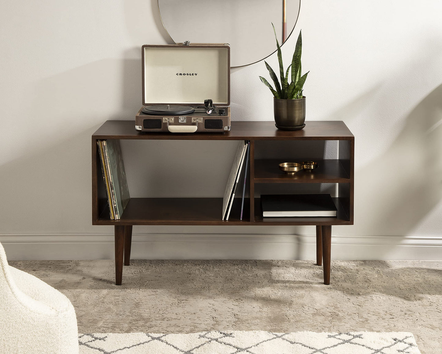 Kate and Laurel Locklear Midcentury Console Table, 38 x 14 x 25, Walnut Brown, Modern Wooden Console With Three Storage Shelves