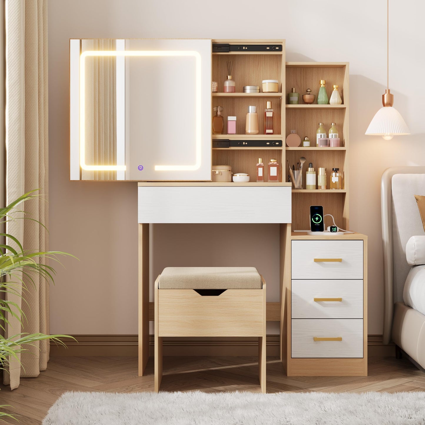 GarveeHome Makeup Vanity Desk with Sliding Mirror, Vanity Dressing Table with 3 Color Adjustable Lights, Girls Vanity Set with Stool, 4 Compact Vanity Drawers, Power Outlet, Natural