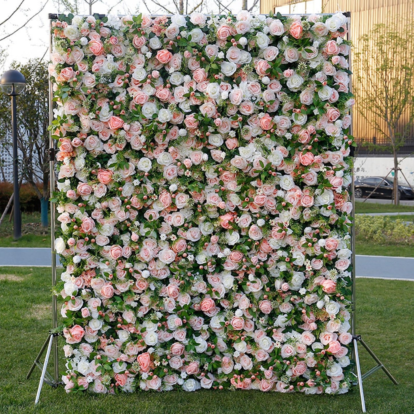 JIIPOREGJ Handmade Large Artificial Flower Wall Backdrop Panels,Rose with Green Leaves Wedding Backdrop 3D Floral Wall Fabric Flower Wall for Party Baby Shower Bridal We,One Color,1m*1m/3.28 * 3.28FT