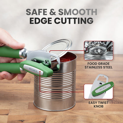 Zulay Kitchen Heavy Duty Stainless Steel Can Opener Manual with Bottle Opener - Rust Proof Manual Can Opener With Turn Knob & Comfy Soft Grip Handles - Artichoke Green
