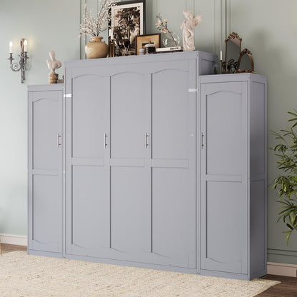 Merax Queen Size Wood Murphy Bed, with 2 Wardrobe and Storage Shelf, Multifunctional Foldable Wall Platform Bedframe for Guest-Room, Bedroom, Gray