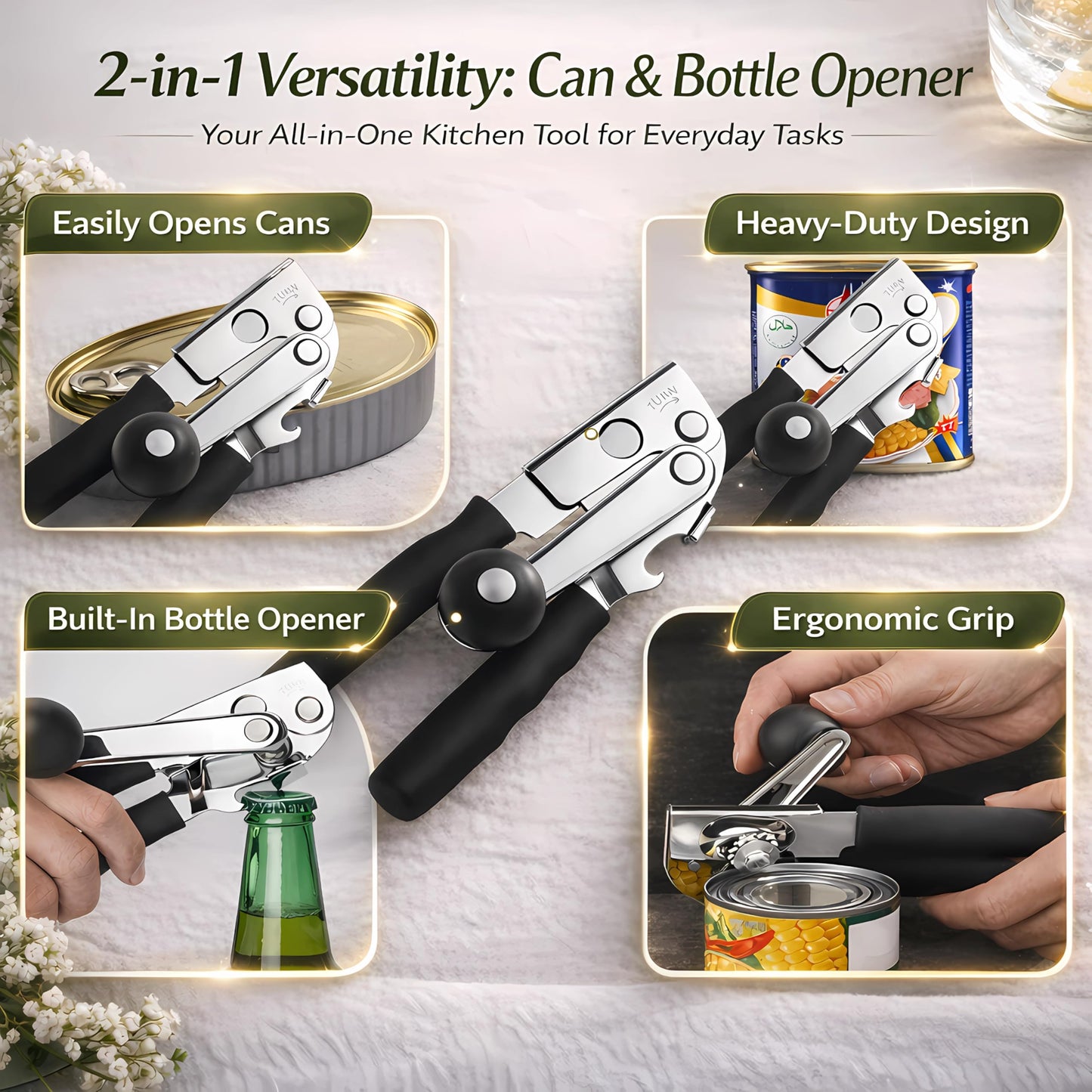 Commercial Can Opener, Heavy Duty Manual Can Opener for Large Cans, Hand Crank Can Opener with Magnetic Lid Lifter, Stainless Steel with Bottle Opener