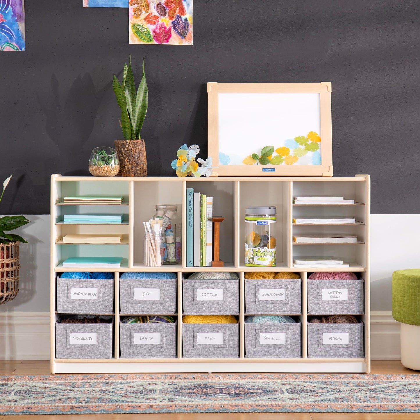 Guidecraft EdQ Shelves and 10 Bin Storage Unit- White: Display Shelf Storage Organizer for Home, School and Office; Wooden Book Cubby and Toy Shelf