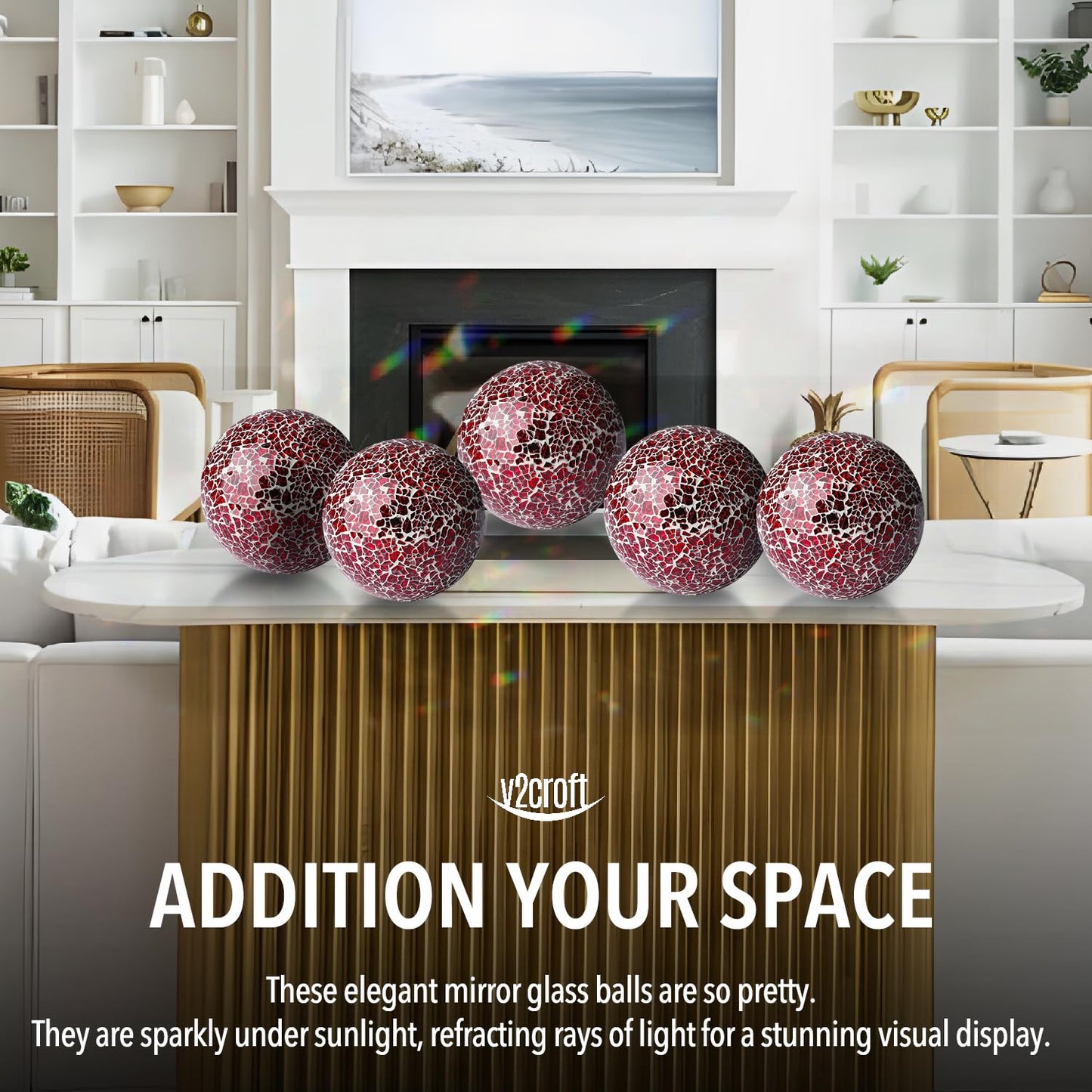 3 Inch Decorative Orbs Glass Balls Set of 5, Mosaic Sphere Globe for Whole Housewares, Wedding, Birthday, Bowls, Vases Dining Table Centerpieces (Red)