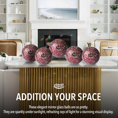3 Inch Decorative Orbs Glass Balls Set of 5, Mosaic Sphere Globe for Whole Housewares, Wedding, Birthday, Bowls, Vases Dining Table Centerpieces (Red)