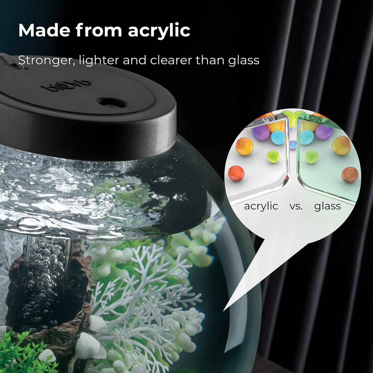 biOrb Classic 15 Acrylic 4-Gallon Aquarium with White LED Lights Modern Compact Tank for Tabletop or Desktop Display, Black-Trimmed Tank