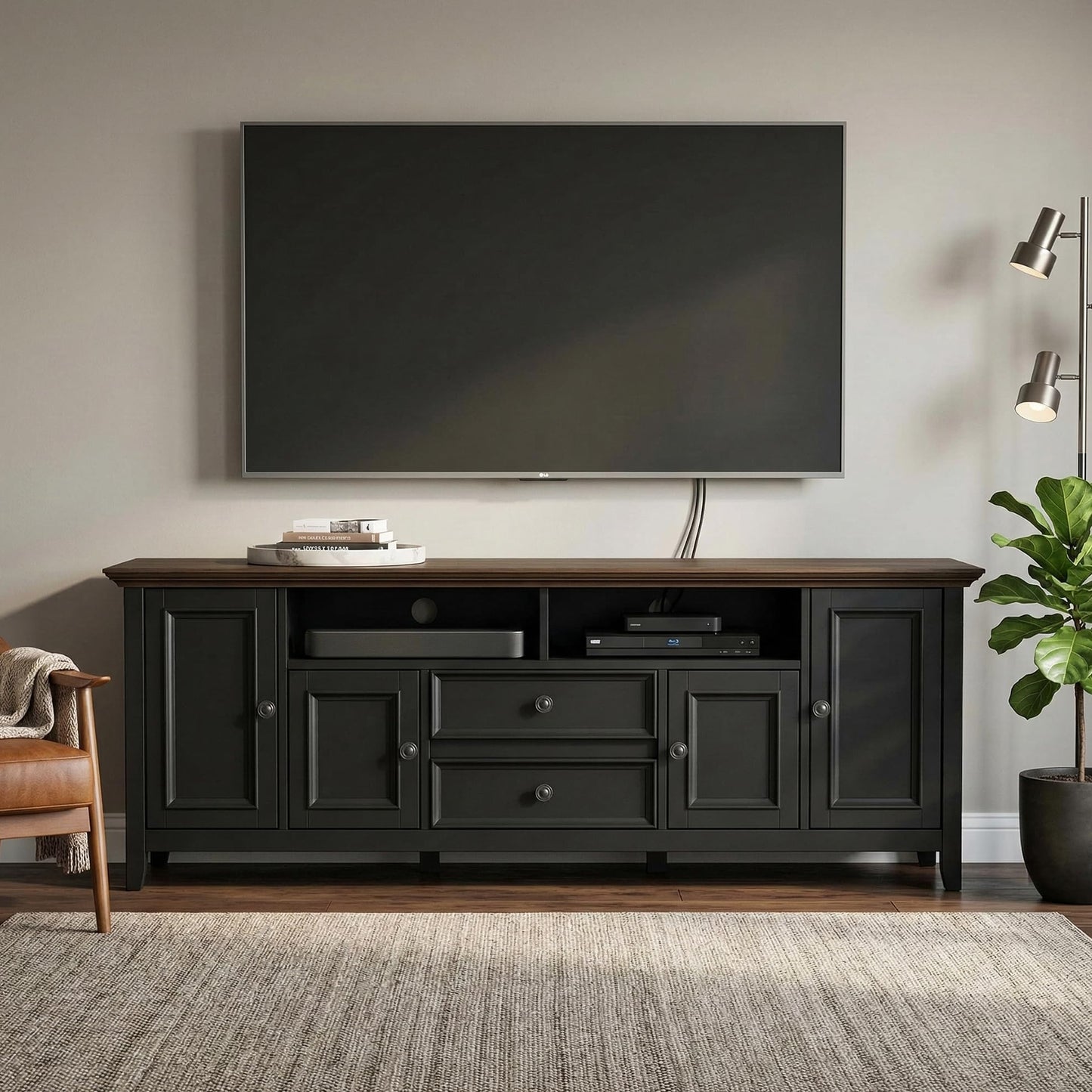 SIMPLIHOME Amherst TV Stand - 72 inch Wide Solid Wood Entertainment Console in Black/Smoky Brown, Transitional Media Center for TVs up to 80 Inches with Cabinets, Drawers, Shelves and Cable Management