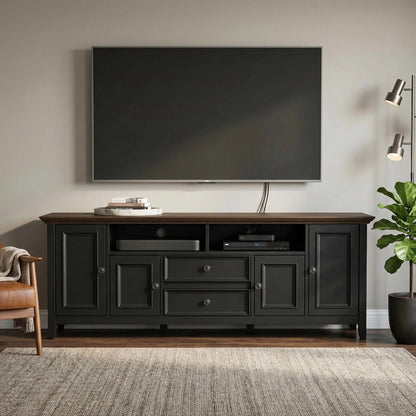 SIMPLIHOME Amherst TV Stand - 72 inch Wide Solid Wood Entertainment Console in Black/Smoky Brown, Transitional Media Center for TVs up to 80 Inches with Cabinets, Drawers, Shelves and Cable Management