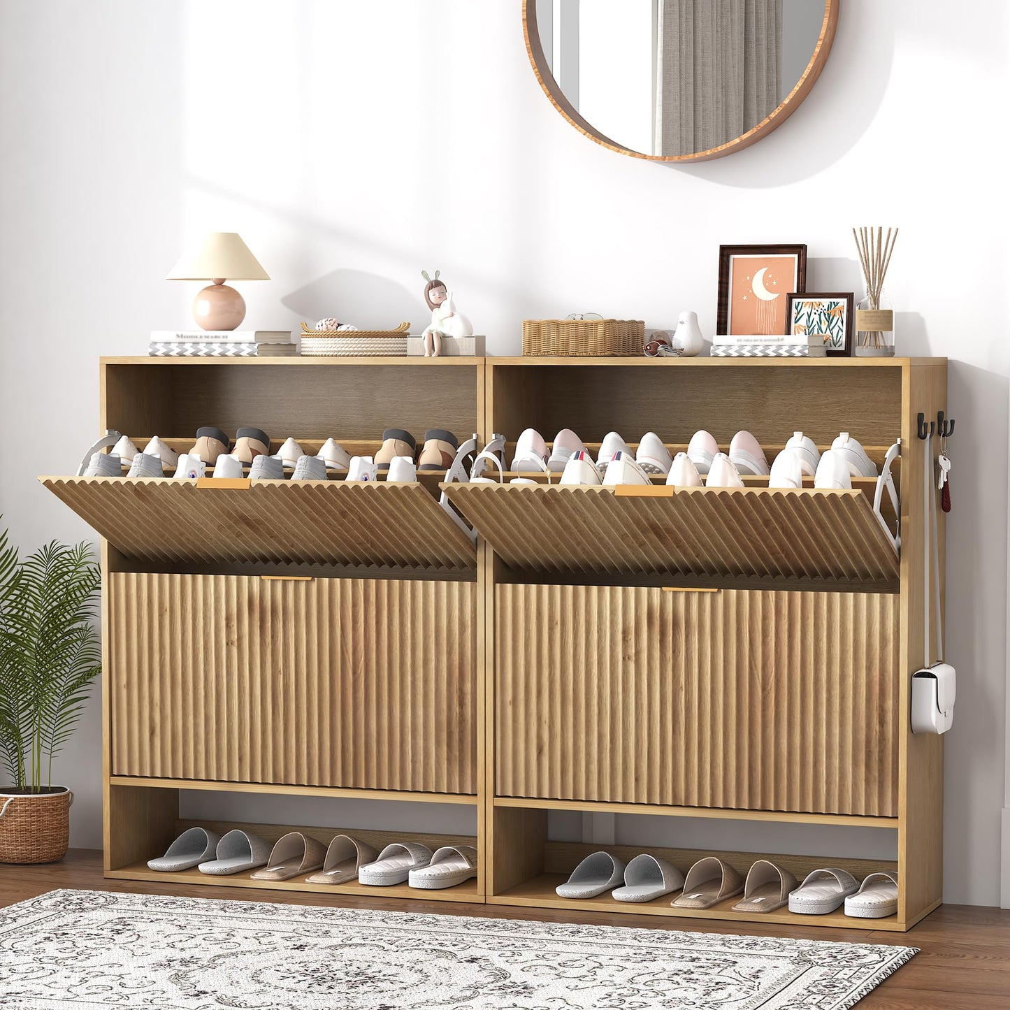 GarveeHome Set of 2 Fluted Shoe Cabinets for Entryway, Slim Freestanding Shoe Storage with Flip Drawers, Open Shelf & Side Hooks, Narrow Shoe Organizer Cabinets for Hallway or Family Entryway, Oak