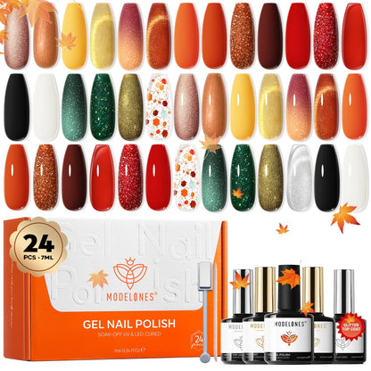 modelones 24PCS Gel Nail Polish Set, Fall Winter Cat Eye Shimmer Gel Polish Kit Soak Off with Glitter, Glossy and Matte Top Base Coat DIY Manicure at Home