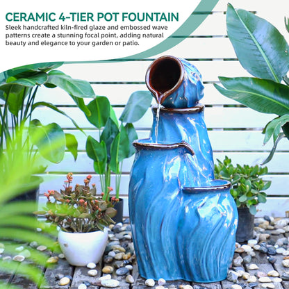 Ultym 29" Outdoor Water Fountain, Ceramic Outdoor Fountain, Stacked 4-Tier Pots Waterfalls for Garden, Patio, Yard, or Porch Decor, Creating Relaxing Serene Oasis, Dynamic Wave-Texture, Turquoise