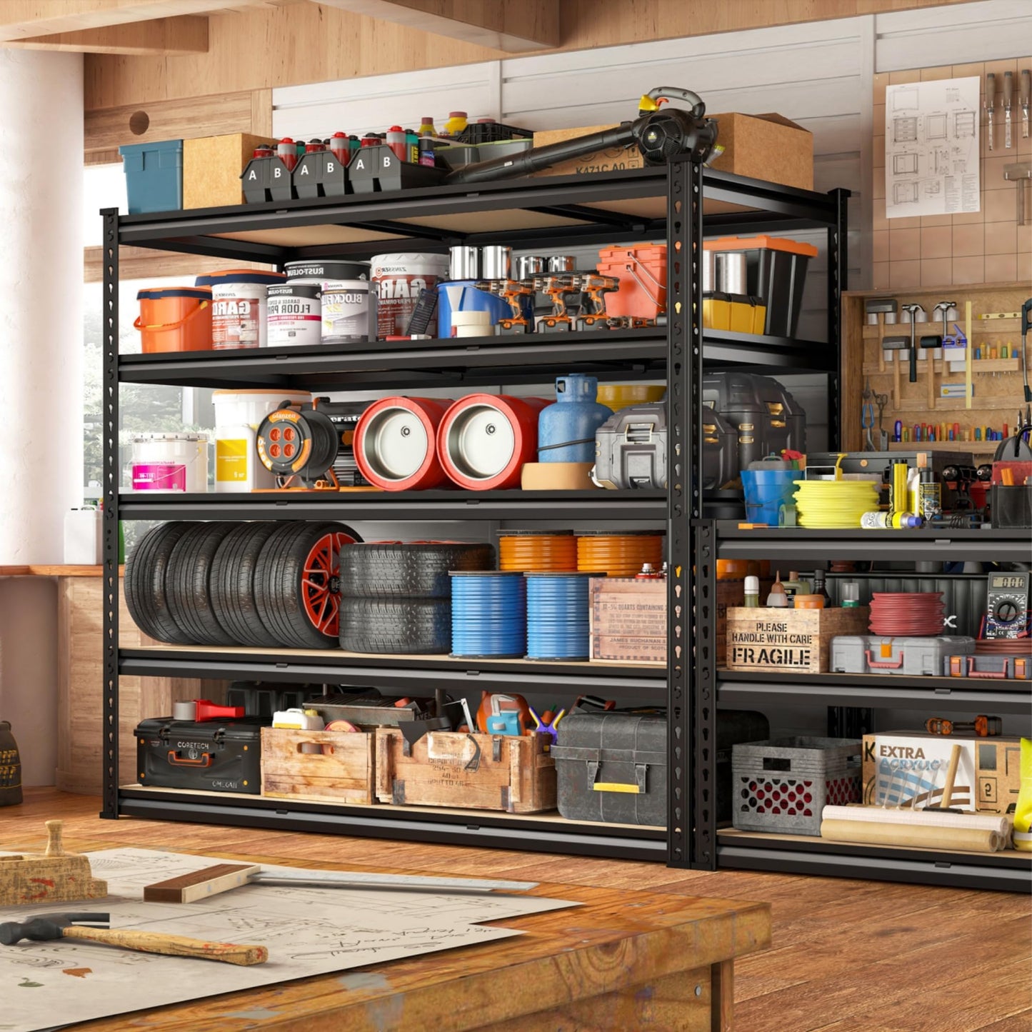 REIBII 48" W Garage Shelving 3020LBS Storage Shelves 5 Tier Industrial Shelving Adjustable Metal Storage Shelves for Garage, Basement, Warehouse, Commercial, Easy Assemble, 48" W x 72" H x 24" D, 2PC