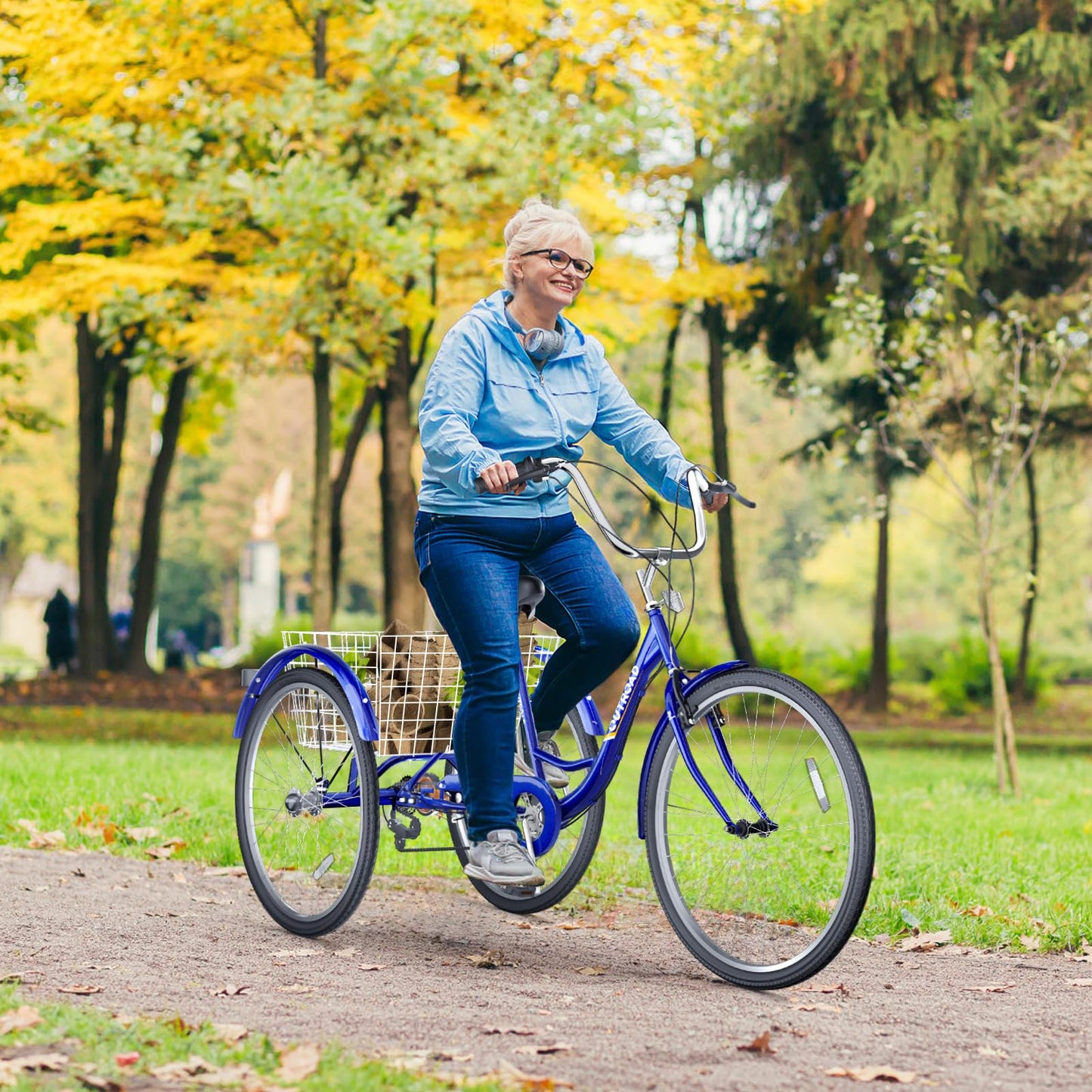 Brightpeak 7 Speed Adult Tricycle, 26 inch 3 Wheel Bike with Large Basket for Women Men Seniors, Cruiser Trike for Outdoor, Shopping, Picnic, Recreation (Blue)