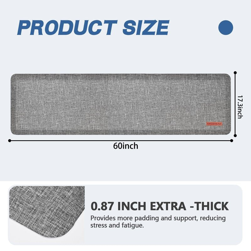 Ergohead Anti Slip 7/8 inchs Anti Fatigue Kitchen Floor Mat, Ergonomic Comfort Standing Mat, Waterproof Kitchen Runner for Home, Kitchen, Office, Laundry, Garage (Light Gray, 17.3" x 60" -0.87")