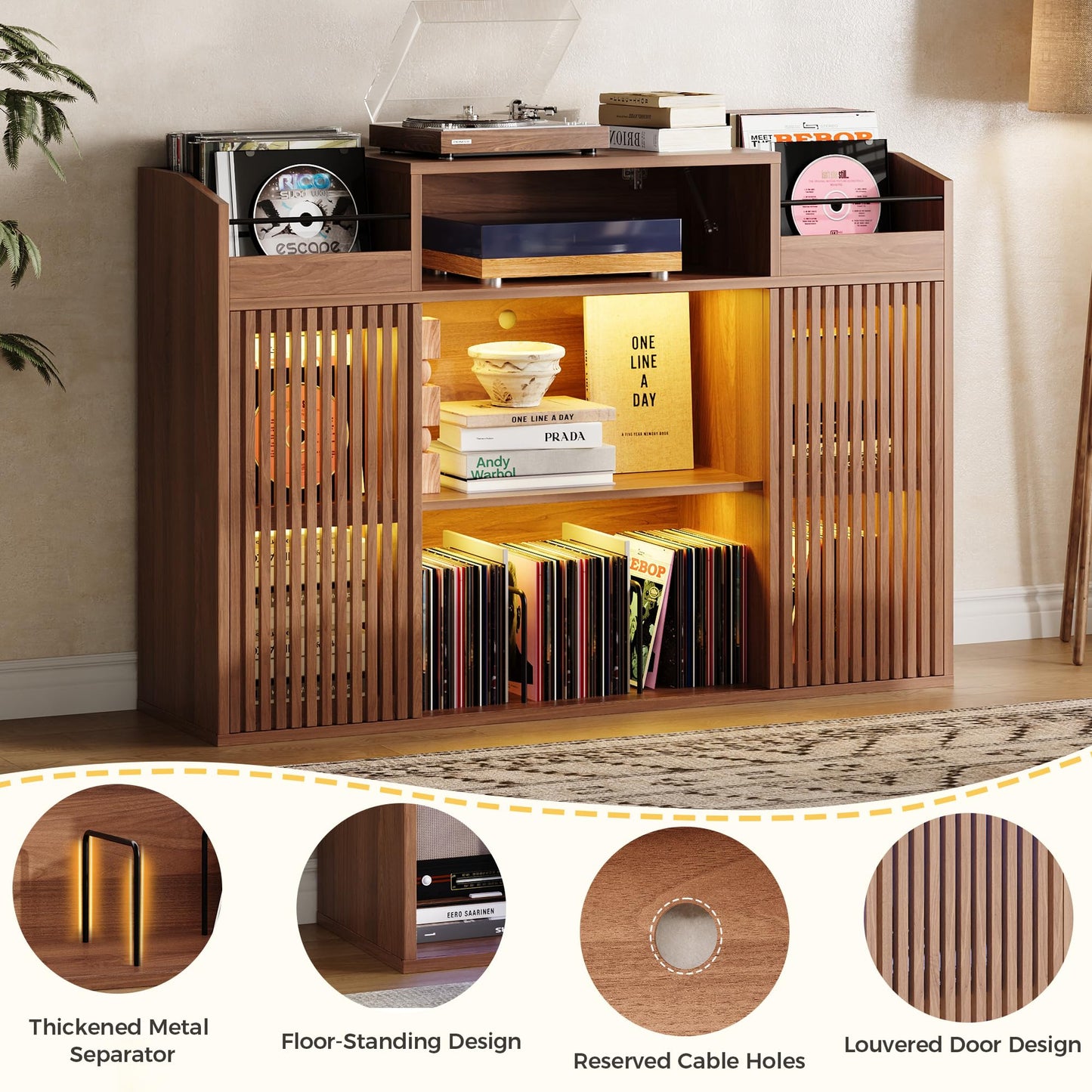 IRONCK Luxury Record Player Stand with Storage, Holds 1500+ Vinyl Records, Large Record Storage Cabinet with Sliding Doors & Charging Station & LED Light, Brown