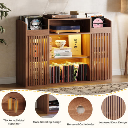 IRONCK Luxury Record Player Stand with Storage, Holds 1500+ Vinyl Records, Large Record Storage Cabinet with Sliding Doors & Charging Station & LED Light, Brown