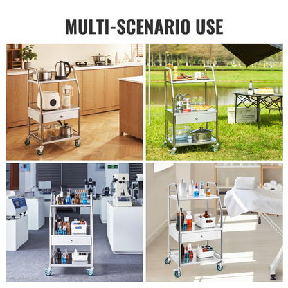 Happybuy Lab Serving Cart, 3-Tier Stainless Steel Utility Rolling Cart with Drawer, Medical & Dental Cart with Lockable Wheels, for Laboratory, Hospital, Clinic Use