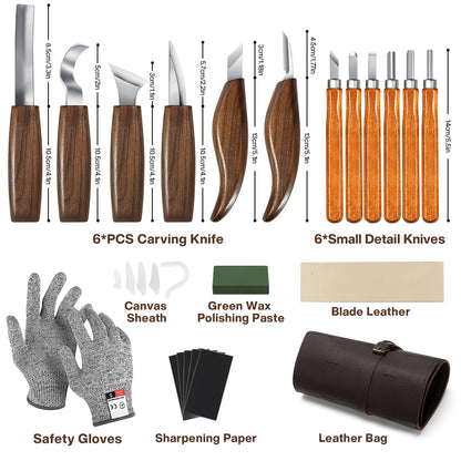 Wood Carving Tools, 17Pcs Wood Carving Kit with PU Storage Bag with 6Pcs Whittling Knives & 5 Detail Carving Knives for Adults Carving DIY