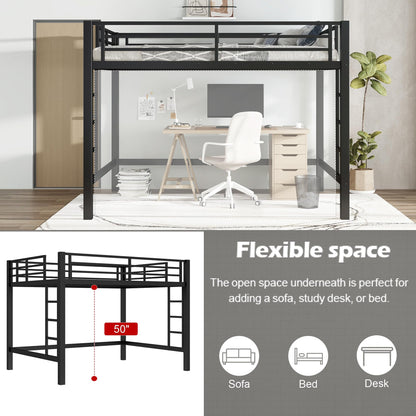 Metal Queen Size Loft Bed,Heavy Duty Loft Bed Frame Queen Size with 2 Ladders and Full Length Guardrails for Kids, Teens, Adults, Noise-Reducing,Space-Saving,Black