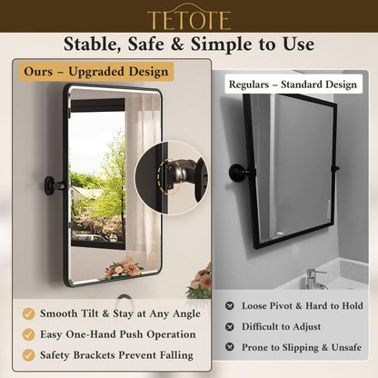 TETOTE Black Pivot Bathroom Mirror 48 x 30 Large Tilting Wall Beveled Mirror, Metal Framed Rectangle Vanity Mirror, Modern Farmhouse Adjustable Tilted Mirror, Horizontal/Vertical, Tempered Glass