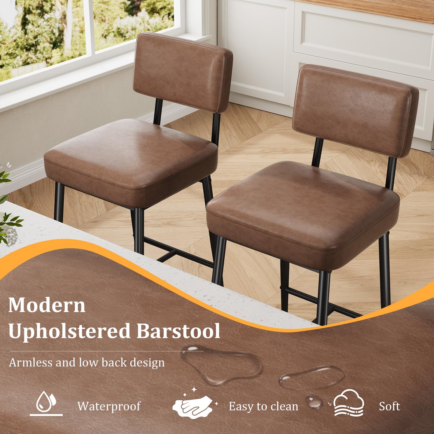 GarveeHome Bar Stools Set of 4, 26" Brown Faux Leather Counter Height Bar Stools with Backs, Modern Upholstered Barstool Chairs with Metal Legs for Kitchen Island, Home Bar, Dining Room