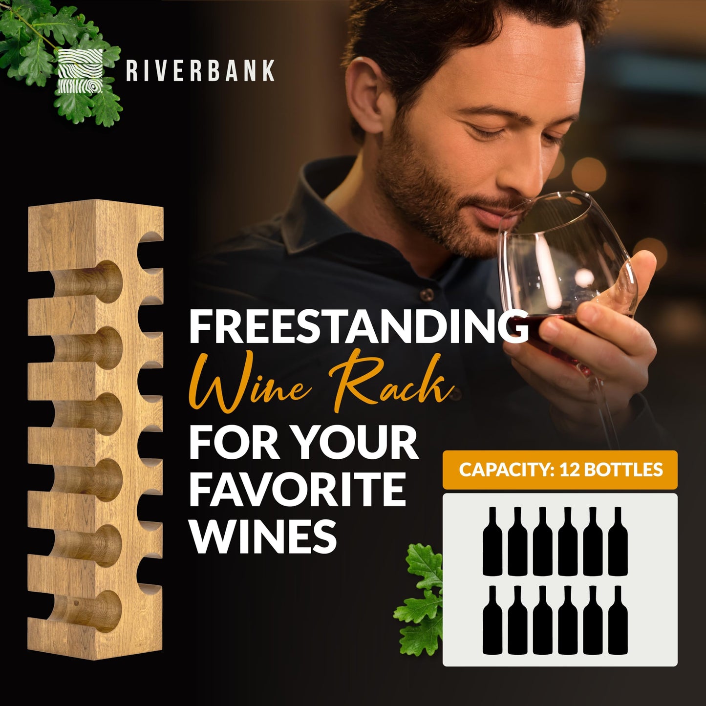 Riverbank Natural Oak Wine Rack, Elegant Free Standing 12-Bottle Holder, Made of Solid Wood, Wooden Wine Stand, Stylish & Luxurious Home Décor (Natural Oak, 12-Bottles)