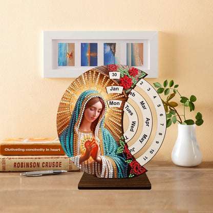 F-CANLAN 5D Diamond Painting Decorations Ornaments - Virgin Mary Pray Calendar Decorated Desktop Diamond Dots Arts Crafts Set Virgin Mary Calendar Decorated Desktop Paint with Diamonds (19X18 CM)