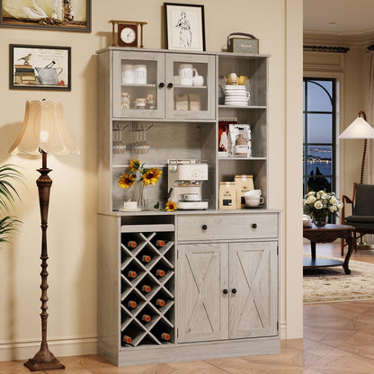 IDEALHOUSE 72 Inch Tall Kitchen Pantry Cabinet with Power Outlet - Wine Bottle Rack, Barn Doors, Ample Storage, Modern Sideboard Buffet for Dining Room, Kitchen, or Home Bar