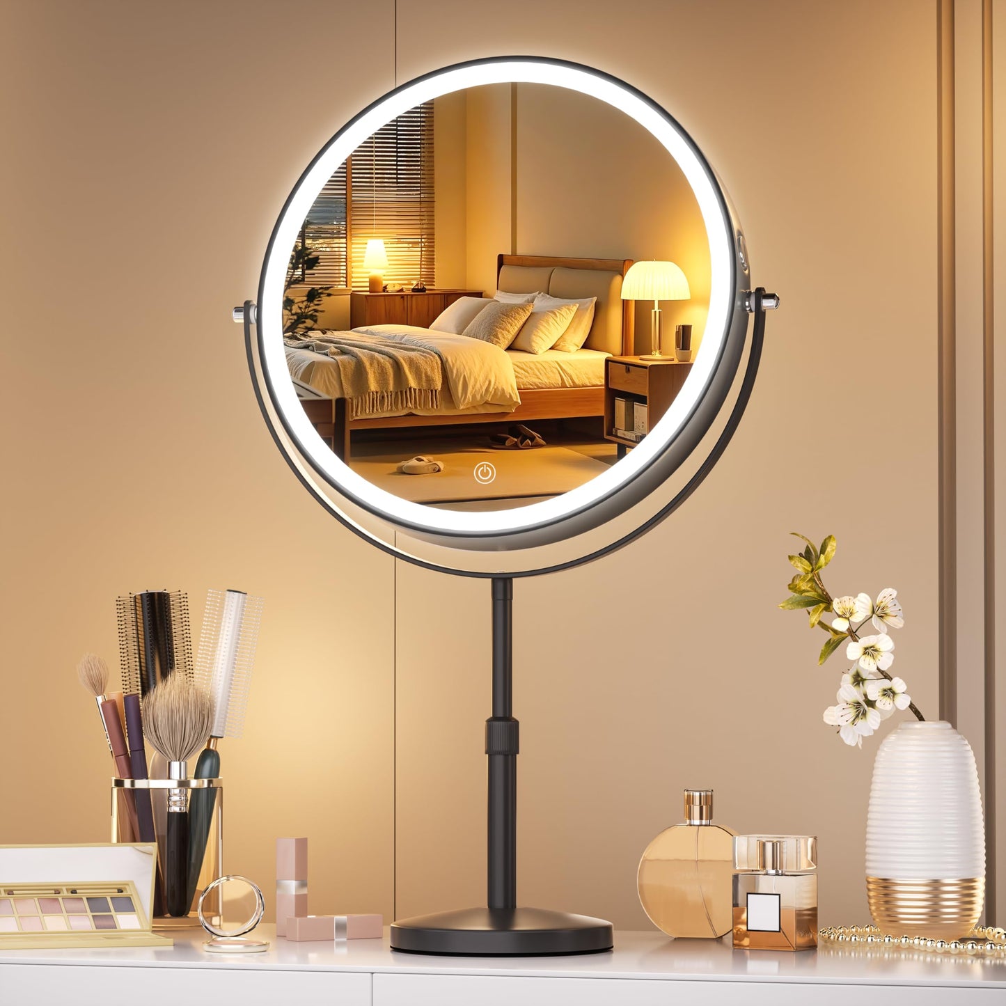 Hasipu 10” LED Makeup Mirror with 7X Magnification - Rechargeable Vanity Mirror, 3 Color Modes, Touch Control, 360° Rotation & Adjustable Height