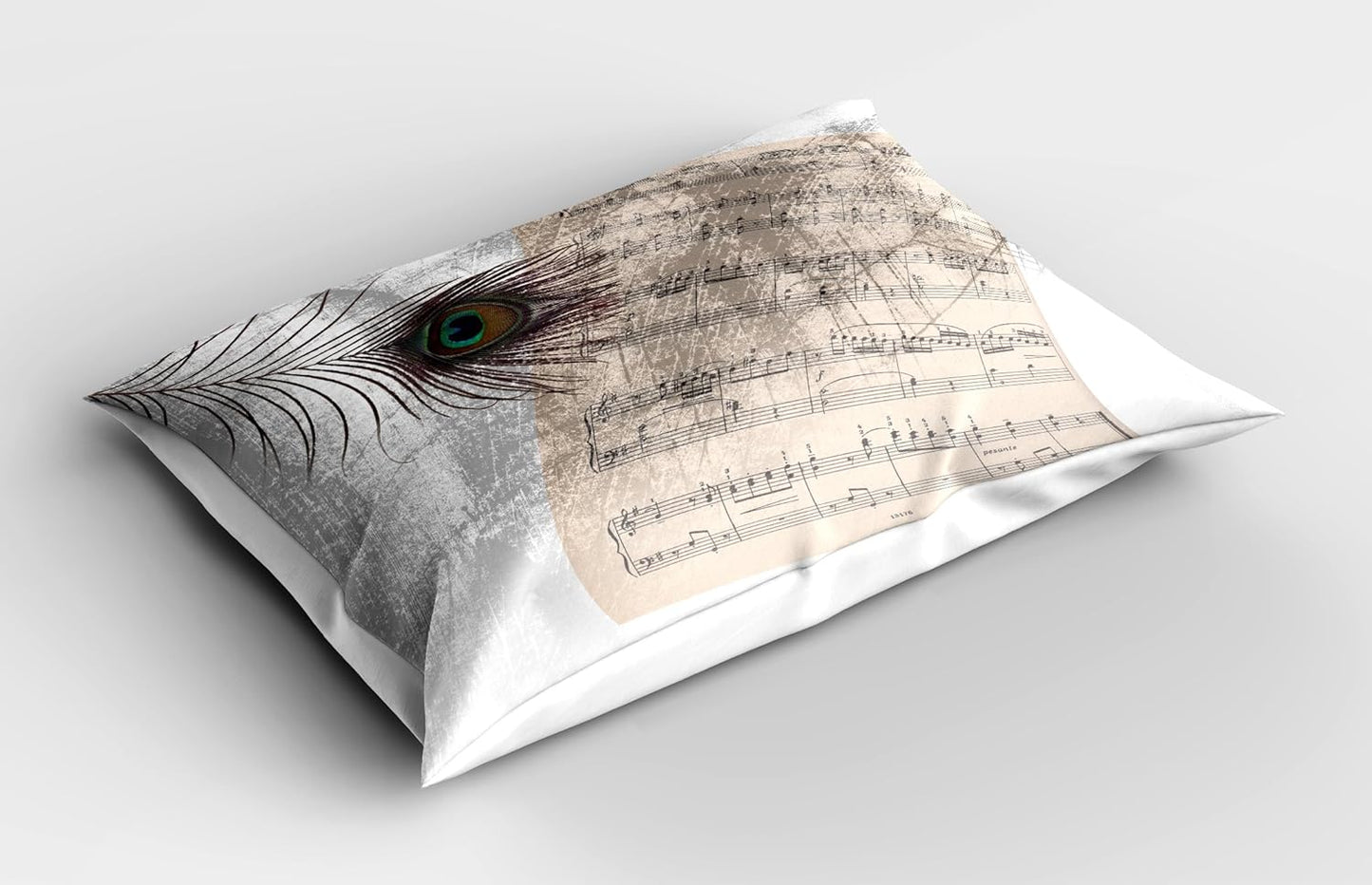 Lunarable Peacock Pillow Sham, Music Notes Sheet Texture with Peacock Feather Evil Eye, Decorative Standard Queen Size