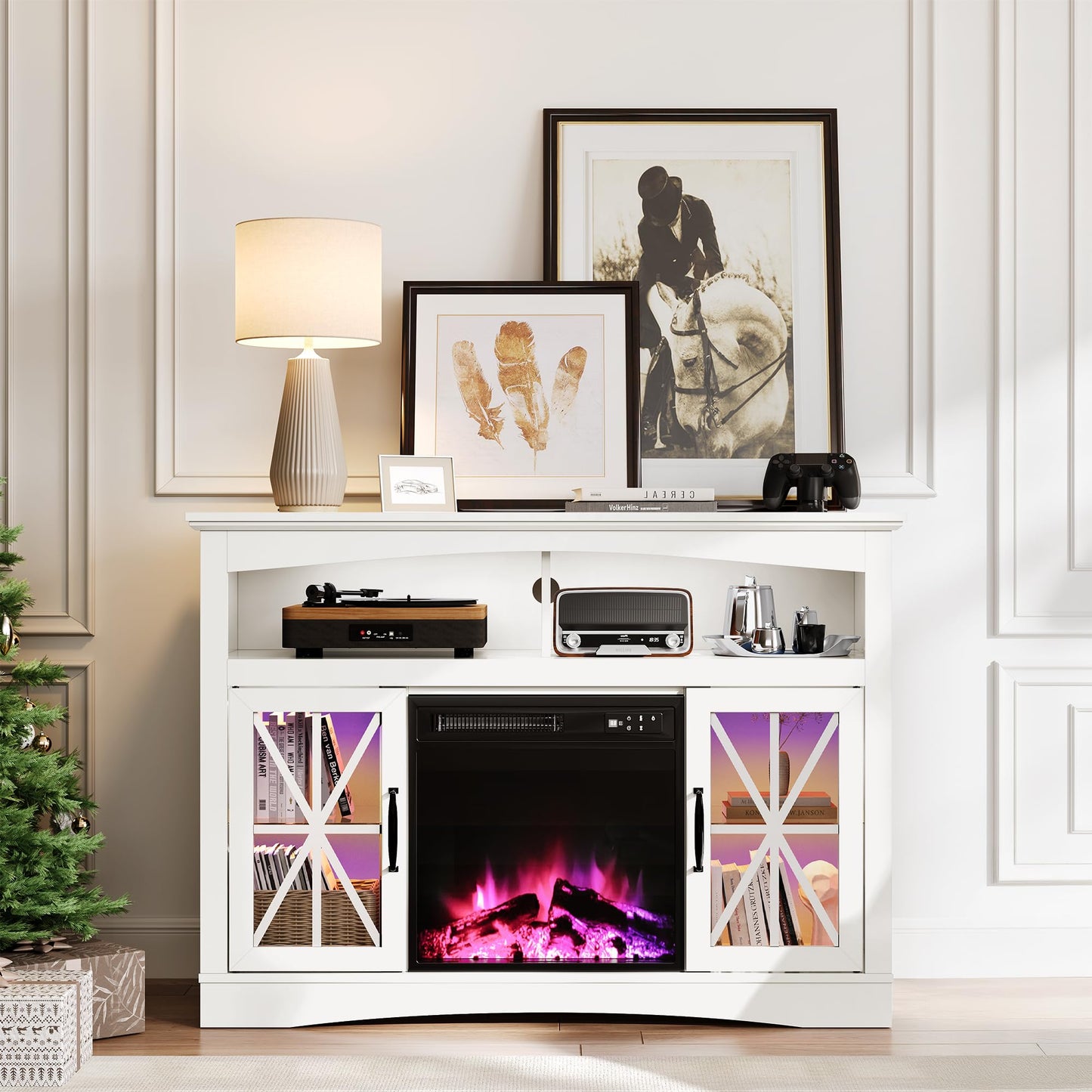 FansaFurn 47'' Farmhouse TV Stand with Fire Place and Adjustable Shelves, Retro TV Console with Glass Doors, Media Entertainment Center Storage Cabinet for Living Room, Bedroom, White