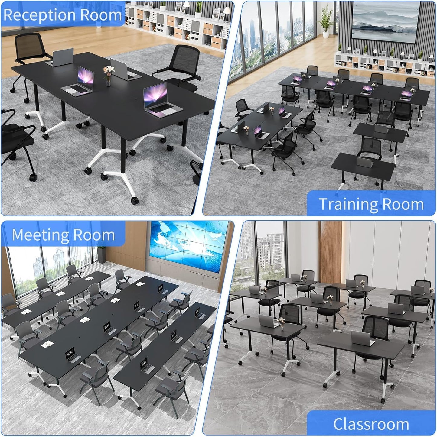 Folding Conference Room Table with Wheels,Flip Top Modular Training Meeting Table,Stackable Mobile Conference Table,Wooden Top Sturdy Frame,Space Saving,for Office,Classroom (4Pack, black, 47.2in)