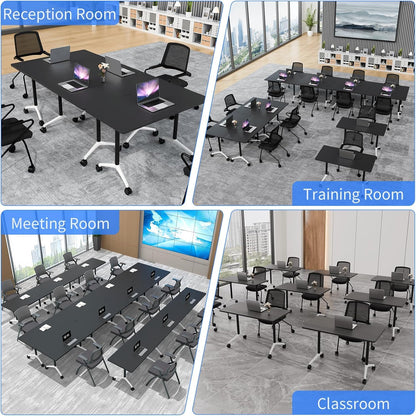 Folding Conference Room Table with Wheels,Flip Top Modular Training Meeting Table,Stackable Mobile Conference Table,Wooden Top Sturdy Frame,Space Saving,for Office,Classroom (4Pack, black, 47.2in)