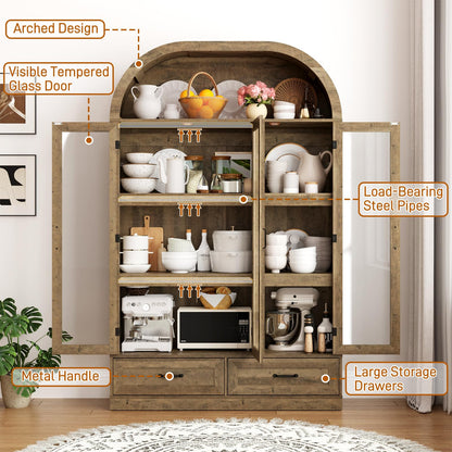 chartustriable 73" Tall Arched Kitchen Pantry Cabinet w Load-Bearing Steel Pipe,Modern Farmhouse Kitchens Storage Cabinet with Drawer and Glass Doors,Tall Arched Bookcase,Pantry Organizer(Natural)