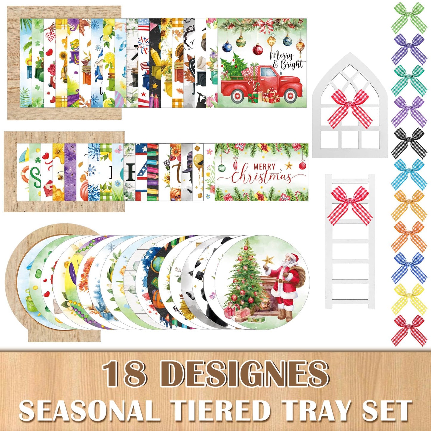 GlikCeil 95 Pcs Interchangeable All Season Tiered Tray Decor Set Summer Hawaii 4th of July Decorations Wooden Frames Ladders with Season Cards Bows for Independence Day Holiday Kitchen Home