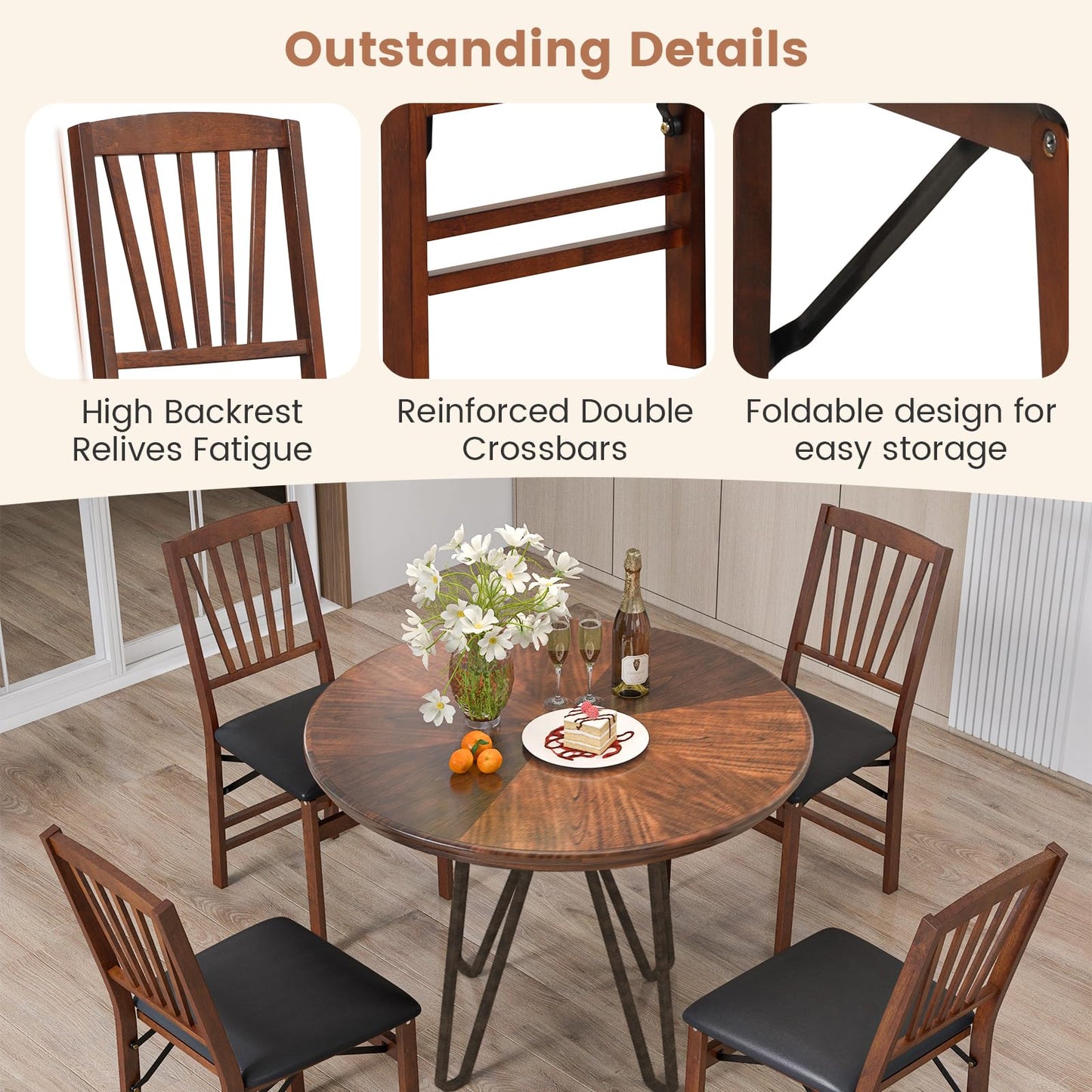 KOTEK Folding Dining Chairs Set of 4, Wooden Kitchen Chairs with Padded Seat & Solid Wood Frame, 400 LBS Weight Capacity, No Assembly Foldable Chair for Dining Room, Living Room