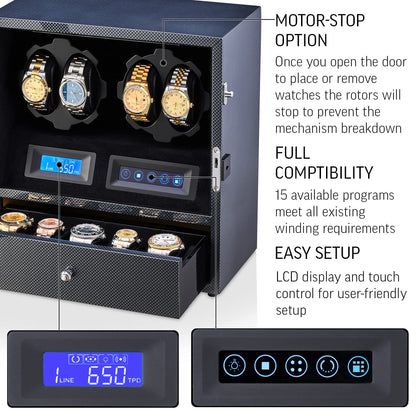 4 Watch Winder with 5 Watch Storage Space, LCD Display, Touch Control and Interior Light (Carbon + Black Velvet)
