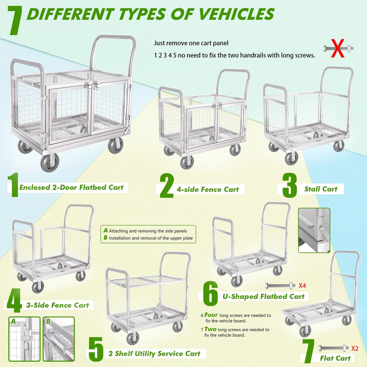 Platform Truck Cart with Cage 2-Door Design 7 in 1 Mutipurpose Handcart with 5" Wheel 39"x25" Large Uitility Cart, Mesh Plate w/Removalble Fence 6-Side, Load 2000lbs for Grocery/Laundry/Stall/Storage
