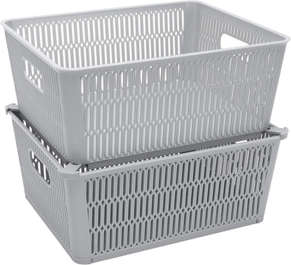 Simplify 2Pk Large Slide Stack It Tote Basket, Open Bins for Storage & Organization, Bathroom, Crafts, Office (Grey)