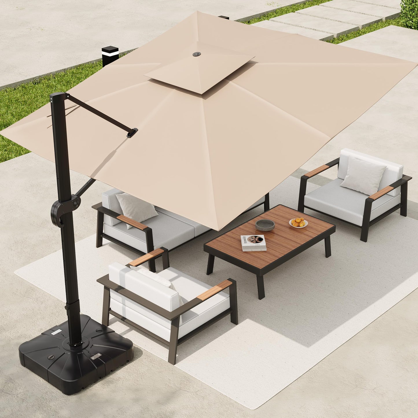10x10 FT Square Outdoor Umbrella with Base, Cantilever Patio Umbrella with 360° Rotation & Adjustable Height, Heavy Duty Aluminum Umbrella Outdoor Patio for Garden Poolside,Khaki