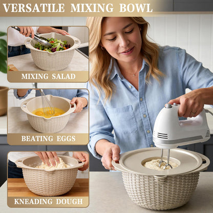 4-1 Colander with Bowl Set - Rotatable Colander for Kitchen (Patented), Upgraded Graters Food Strainers for Pasta Fruits and Vegetables, Funny Presents for Women, Aesthetic Kitchen Gadget - Beige