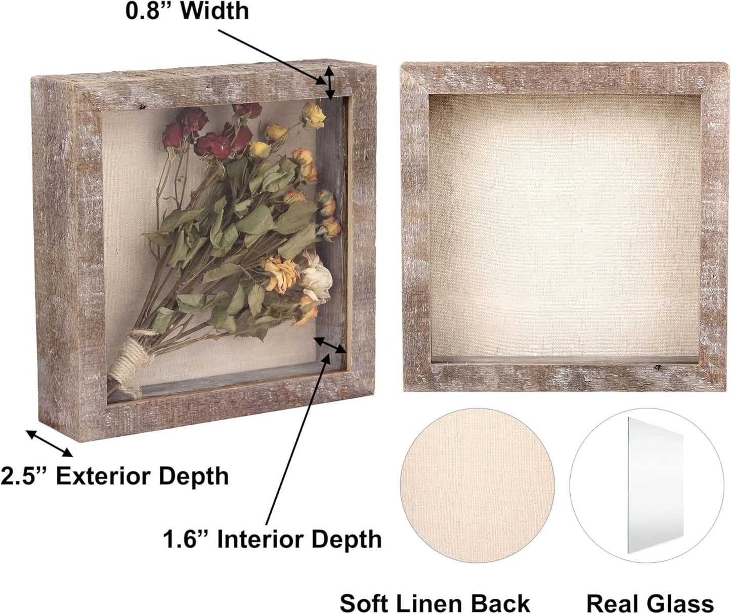 Rustic Shadow Box Picture Frame 8x8 Natural Wood Display Case for Photos, Memorabilia, Awards, and Medals - Barnwood