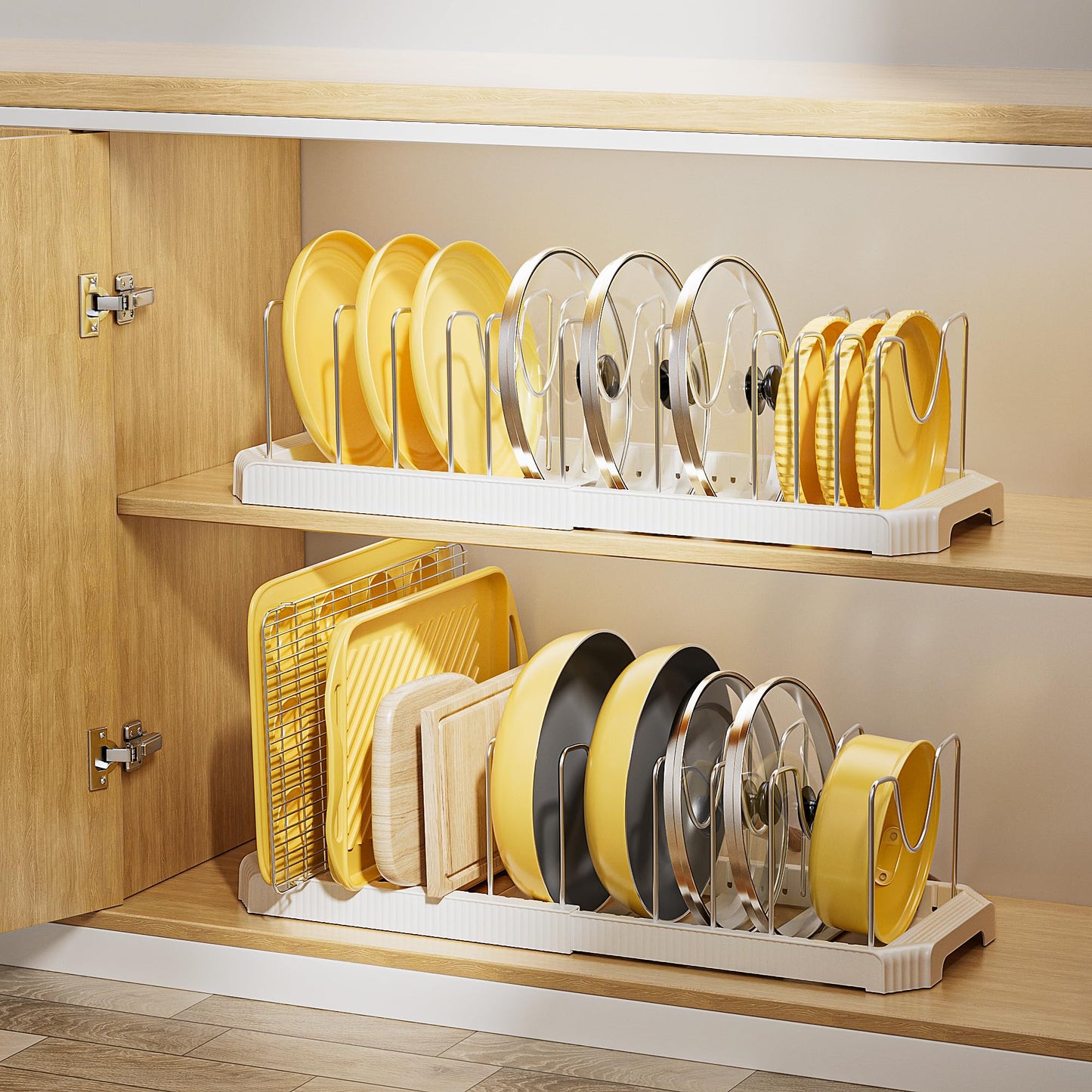 Mudeela Pot Lid Organizer Rack for Cabinet, Expandable Pots and Pans Organizer under Cabinet with 10 Adjustable Dividers, Pan Organizers Holder inside Cabinet for Plates, Cutting Boards, Baking Sheets