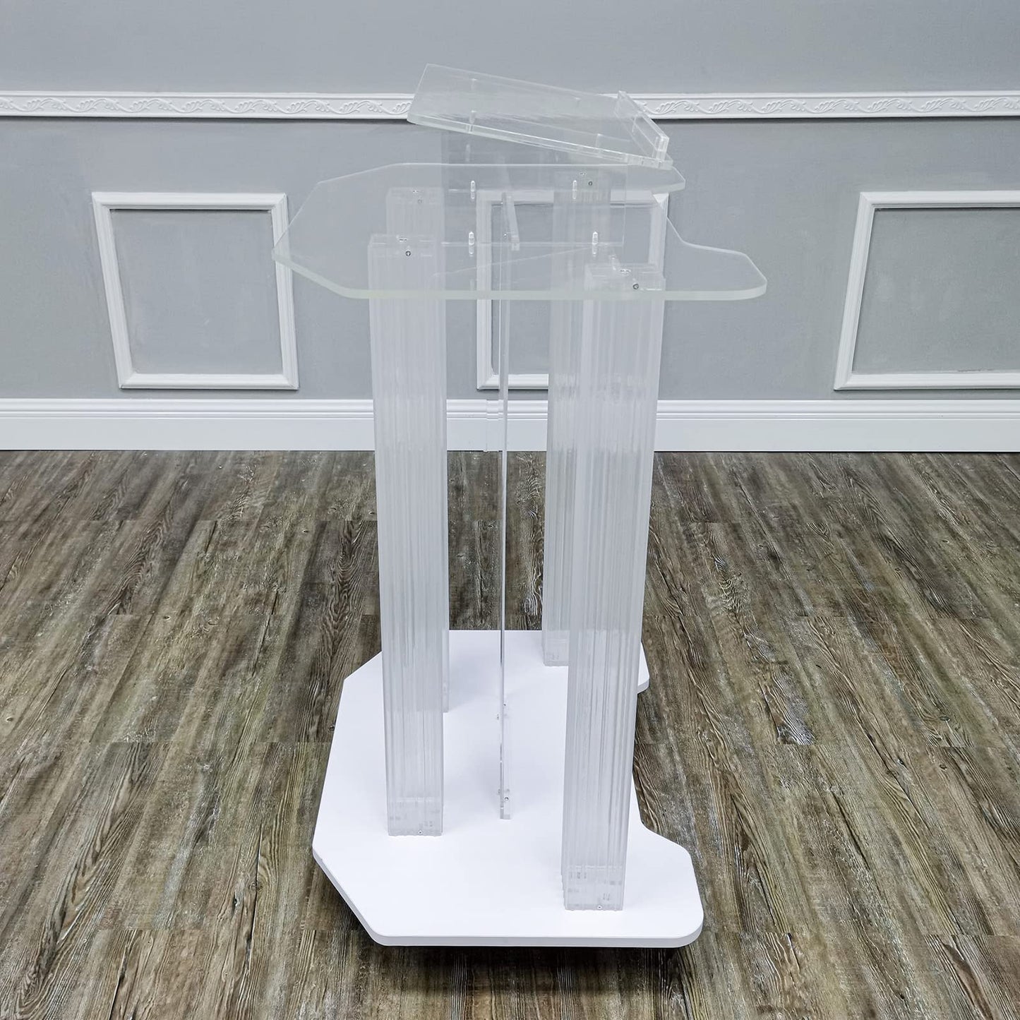 DHXIAMZ Acrylic Podium Stand with Wheels for Restaurants Weddings Offices and Classrooms Wide Reading Surface for Presentations and Lectures